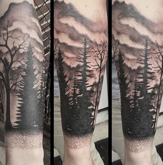 Mens Cloud Sky Tree Tattoo Forearm With Shaded Ink