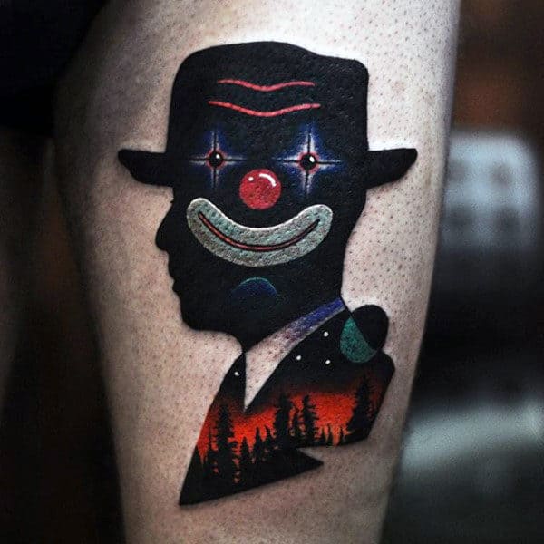 Mens Clown Face Amazing Thigh Tattoos