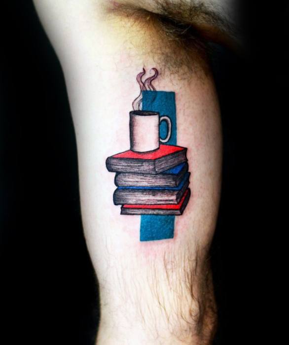 Mens Coffee Cup With Books Inner Arm Bicep Tattoo Design Ideas