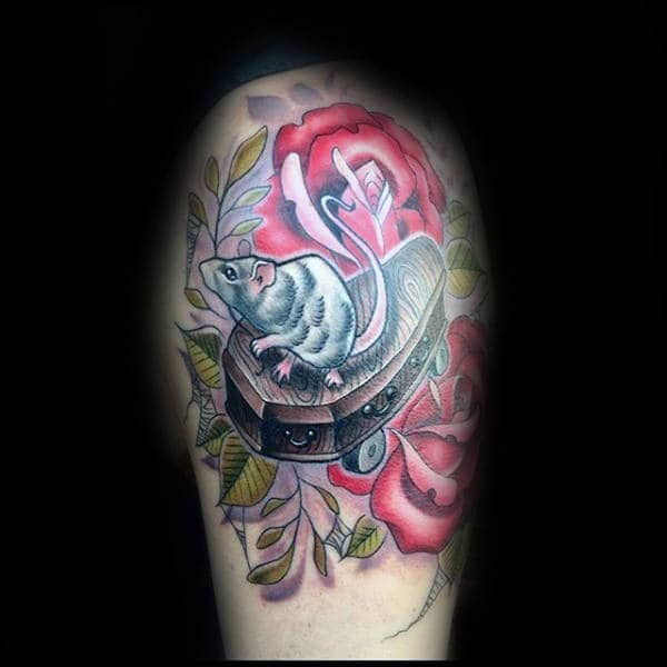 Mens Coffin Skateboard With Rat Upper Arm Tattoos