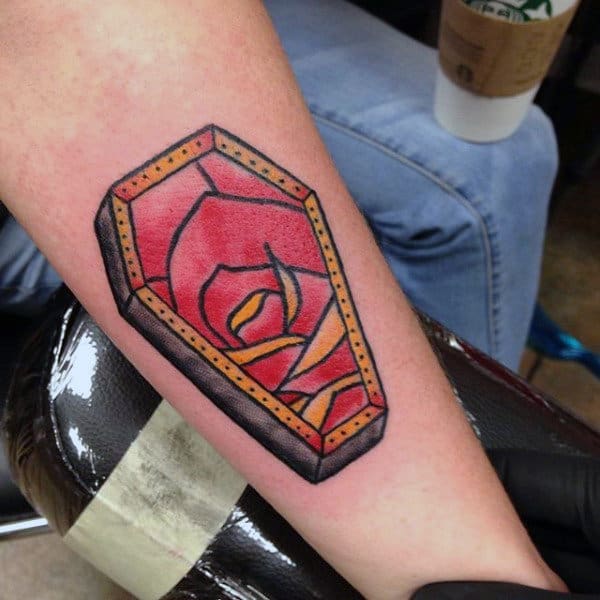 Mens Coffin With Roses Tattoo On Arm
