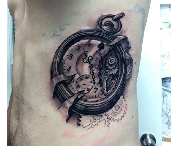 Mens Collectors Piece Pocket Watch Tattoo On Torso