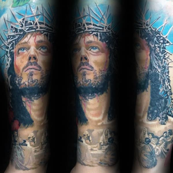 Mens Color Jesus Forearm Sleeve Tattoo