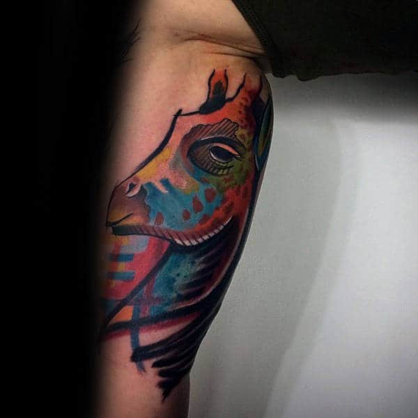 Mens Colorful Back Of Leg Giraffe Abstract Artistic Tattoos
