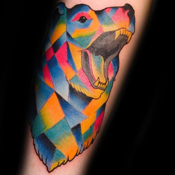 Mens Colorful Geometric Bear Tattoo Design On Forearm