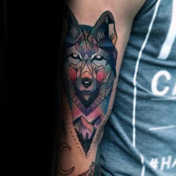 Mens Colorful Geometric Wolf Arm Tattoos