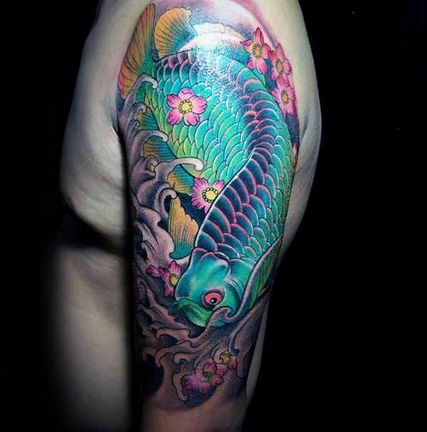 Mens Colorful Half Sleeve Japanese Arowana Tattoo Design Ideas