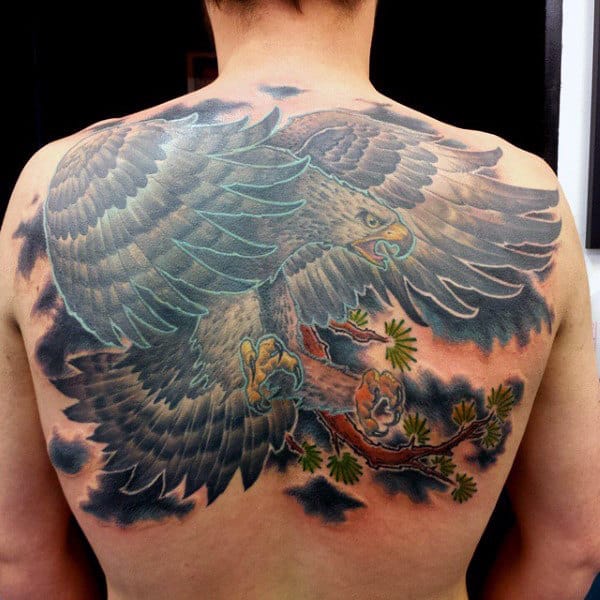 Mens Colorful Hawk Flying From Tree Branch Tattoo On Back