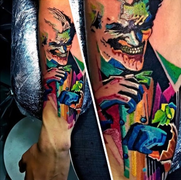 Mens Colorful Joker Watercolor Forearm Tattoos