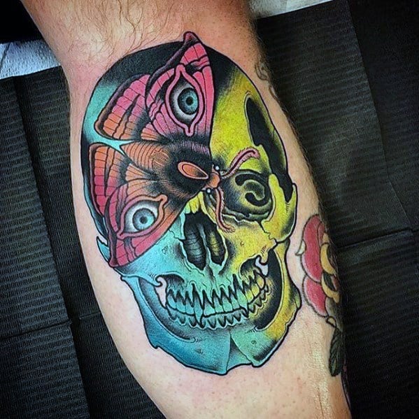 Mens Colorful Leg Calf Tattoo With Badass Skull Design