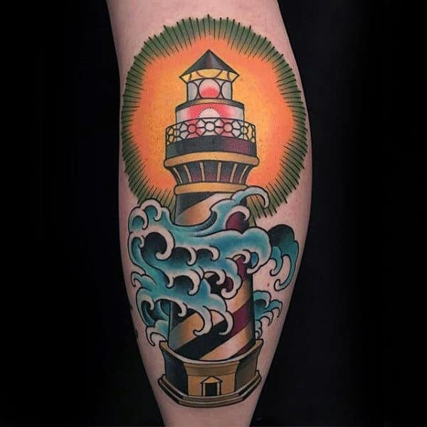Mens Colorful Lighthouse With Ocean Wave Leg Tattoo