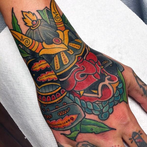 Mens Colorful Modern Samurai Mask Hand Tattoo