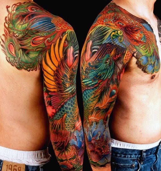Mens Colorful Peacock Full Sleeve Tattoos
