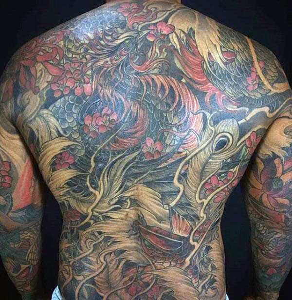 Mens Colorful Phoenix Back Tattoo Designs