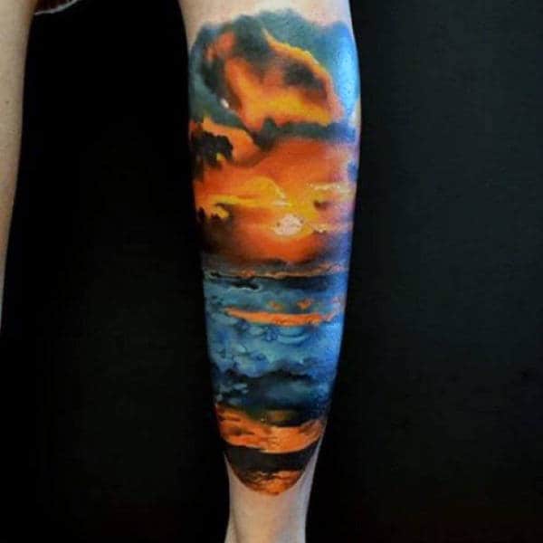 Mens Colorful Sunset Tattoo Half Sleeve