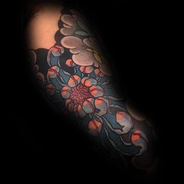 Mens Colorful Tattoo Of Chrysanthemum Flower On Arm