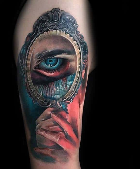 Mens Colorful Unusual Hands Holding Mirror With Eye Tattoo On Arm