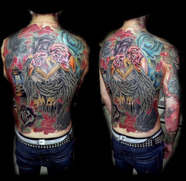 Mens Colorful Vulture Old School Full Back Tattoo Design Ideas