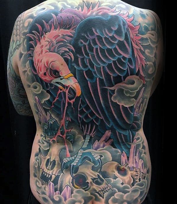 Mens Colorful Vulture Skull Full Back Tattoos