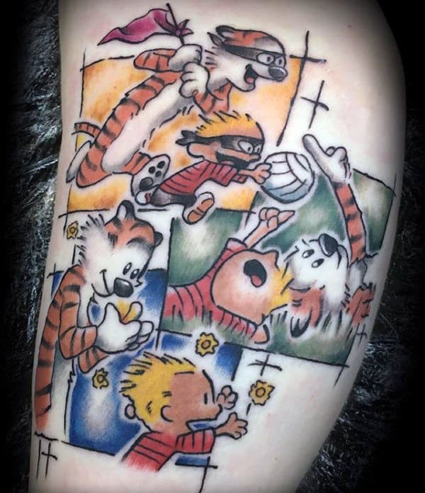 Mens Comic Strip Calvin And Hobbes Arm Tattoo