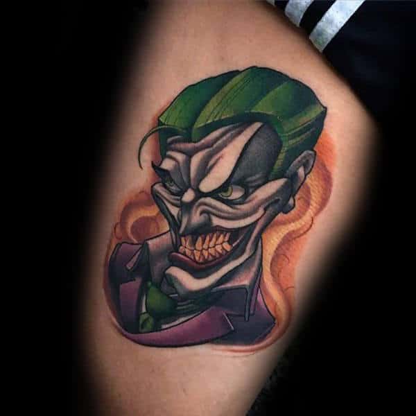 Mens Comic Style Joker Thigh Tattoos