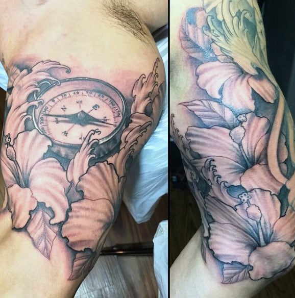Mens Compass Shaded Inner Arm Hibiscus Flower Tattoo