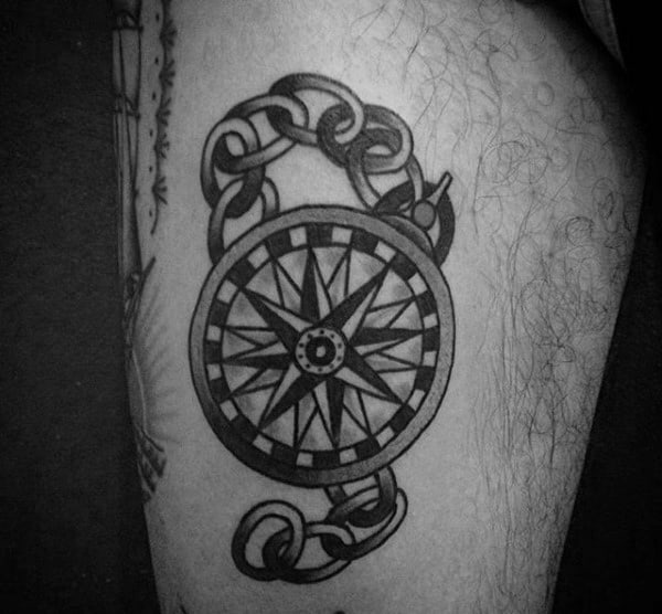 Mens Compass Thigh Traditional Black And Grey Ink Tattoo Designs