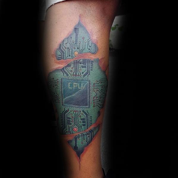 Realistic tattoo of a CPU and circuit board beneath torn skin, giving a biomechanical illusion of a tech-filled inner leg.