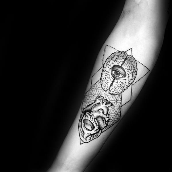 Mens Consciousness Geometric Brain And Heart Inner Forearm Tattoo Design Ideas
