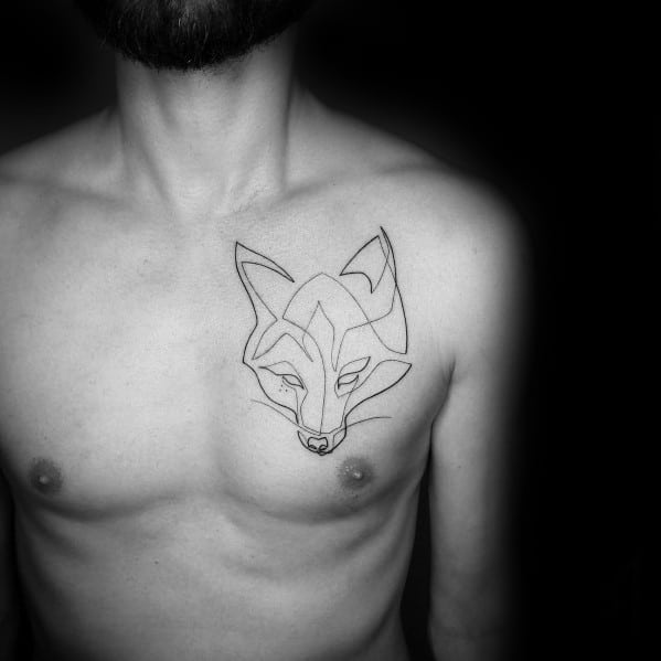 Geometric continuous line tattoo of a fox on the chest, featuring bold black ink with sharp angles for a sleek and modern design.