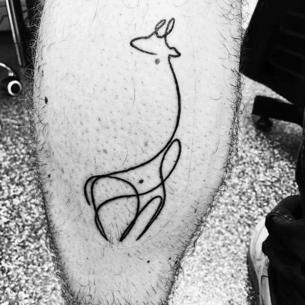 Minimalist continuous line tattoo of a llama on the calf, featuring sleek black ink strokes for a simple and artistic design.