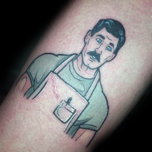 Simple yet detailed tattoo of Archer as Bob Belcher, featuring his mustache, apron, and classic confused expression.