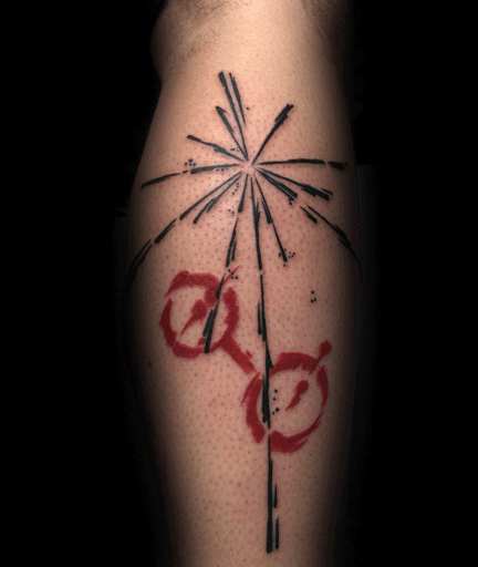 Tattoo of a stylized palm tree with abstract red circles, reminiscent of a pulsar map, on a person's skin