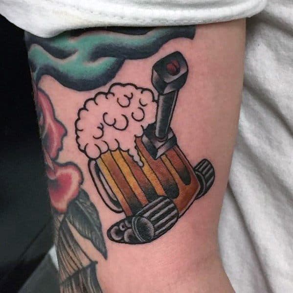 Traditional-style tattoo of a beer mug transformed into a tank, with frothy foam, treads, and a bolt cannon, blending humor and bold illustrative design.
