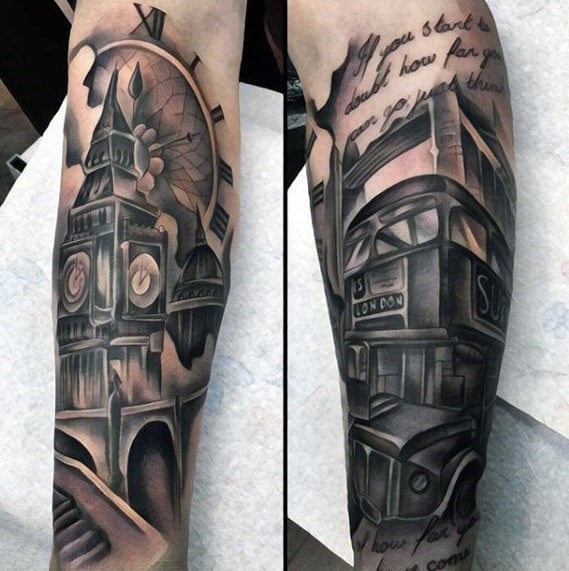 Detailed black and grey tattoo sleeve featuring Big Ben, the London Eye, a London double-decker bus, and an inspiring quote, with intricate shading and design.