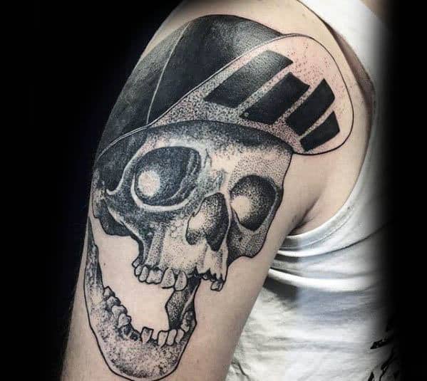 Detailed skull tattoo wearing a cap with Black Flag bars on it, blending punk attitude with gritty black and grey realism.