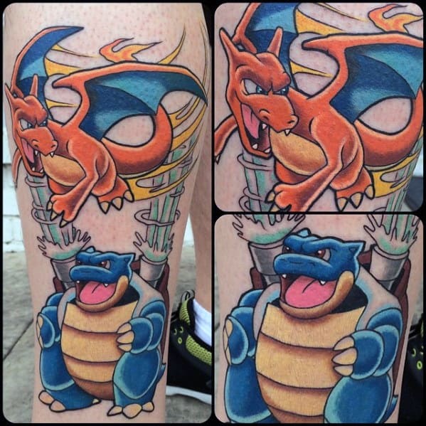 Colorful leg tattoo featuring Charizard and Blastoise in battle-ready poses, with bold outlines and explosive background effects.