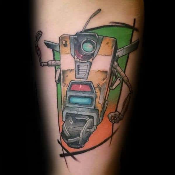 Animated Claptrap tattoo with bold outlines, dynamic pose, and a vibrant green and orange background for a fun, comic-book style.