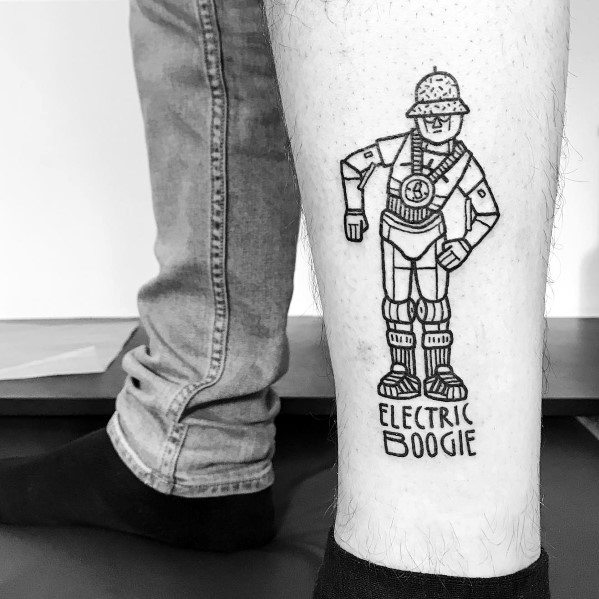 Minimalist black ink C-3PO tattoo with a quirky "Electric Boogie" theme, featuring bold outlines and a playful, retro-inspired design.