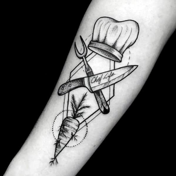 Black and gray culinary-themed tattoo featuring a chef’s hat, knife labeled “Chef Life,” fork, and a carrot with fine line detailing.