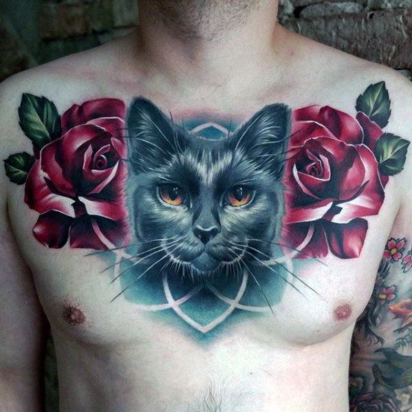 Realistic black cat chest tattoo with vibrant red roses and geometric accents, creating a bold and striking design.