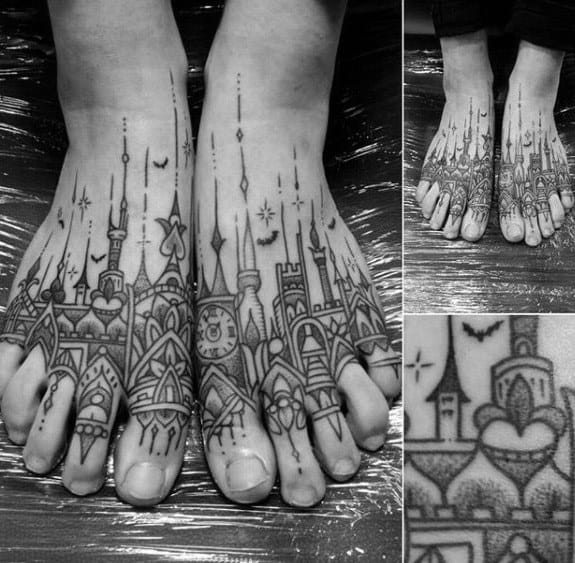 Foot tattoos of a detailed skyline featuring gothic and domed cathedral elements with spires, stars, and birds extending across the toes.