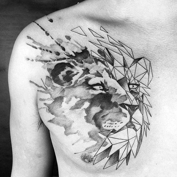 Mens Cool Chest Watercolor Geometric Lion Tattoo Ideas