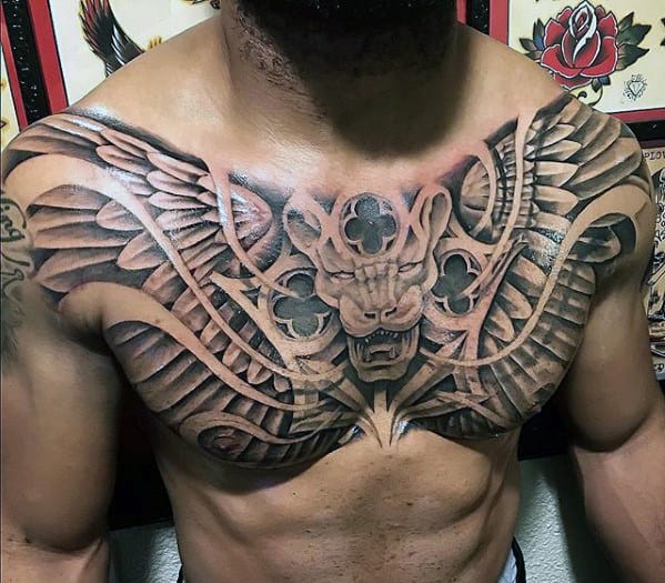 Mens Cool Church Window With Wings Chest Tattoo