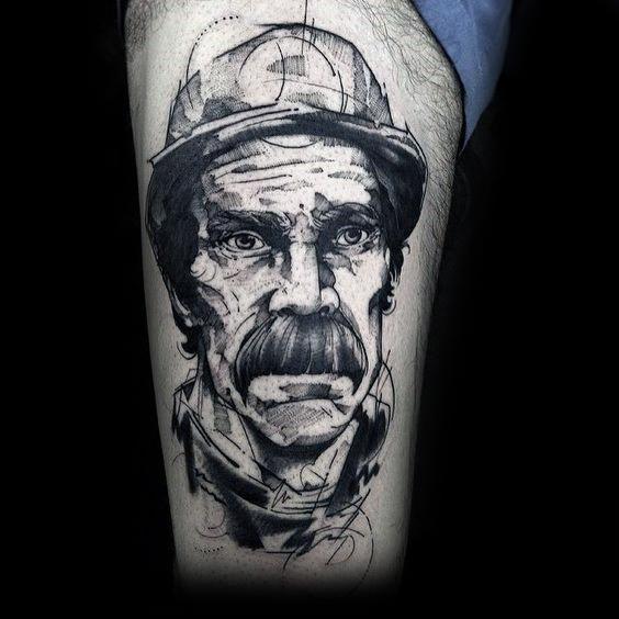 Sketch-style black and grey tattoo of an older coal miner with a mustache, wearing a helmet and a serious expression.