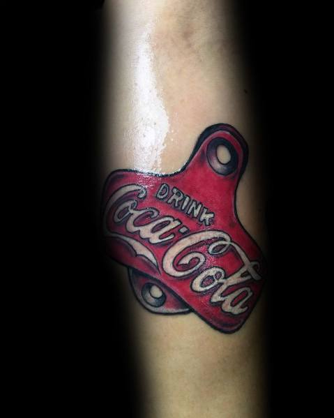 Realistic Coca-Cola bottle opener tattoo with bold red tones, shading, and a 3D effect, creating a vintage and nostalgic design.
