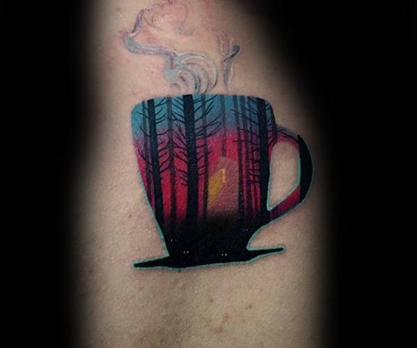 Mens Cool Coffee Cup Wood Tree Forest Colorful Upper Arm Tattoo Ideas