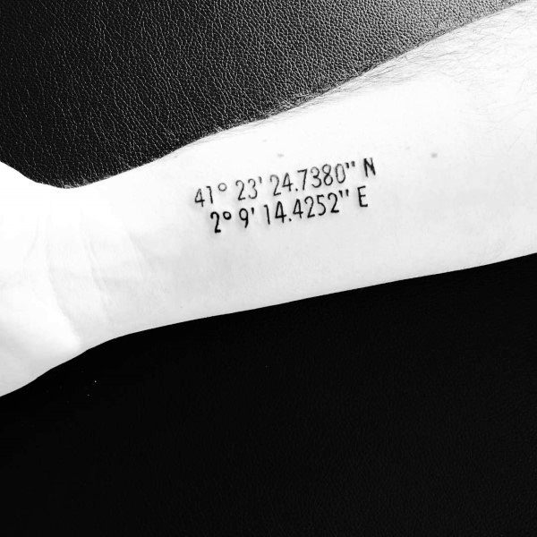 Minimalist coordinate tattoo on the forearm with precise black lettering, marking a meaningful location with a clean and subtle design.