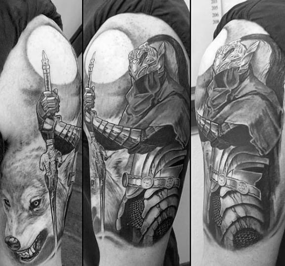 Black and grey tattoo of Artorias the Abysswalker with detailed armor, accompanied by the Great Grey Wolf Sif and a glowing moon backdrop.