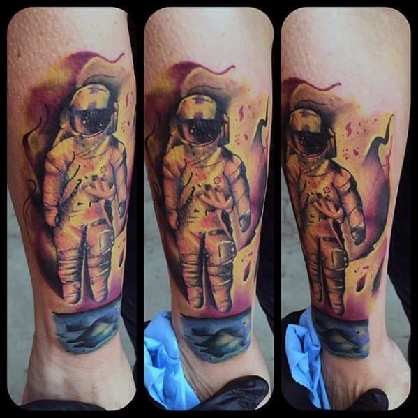 Deja Entendu astronaut tattoo with abstract purple and yellow accents, floating above a swirling ocean with surreal artistic flair.